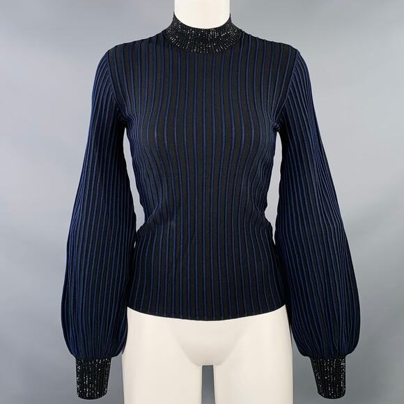 EMPORIO ARMANI Size S Black Navy Viscose Blend Stripe Mock Neck Dress Top - Picture 1 of 9